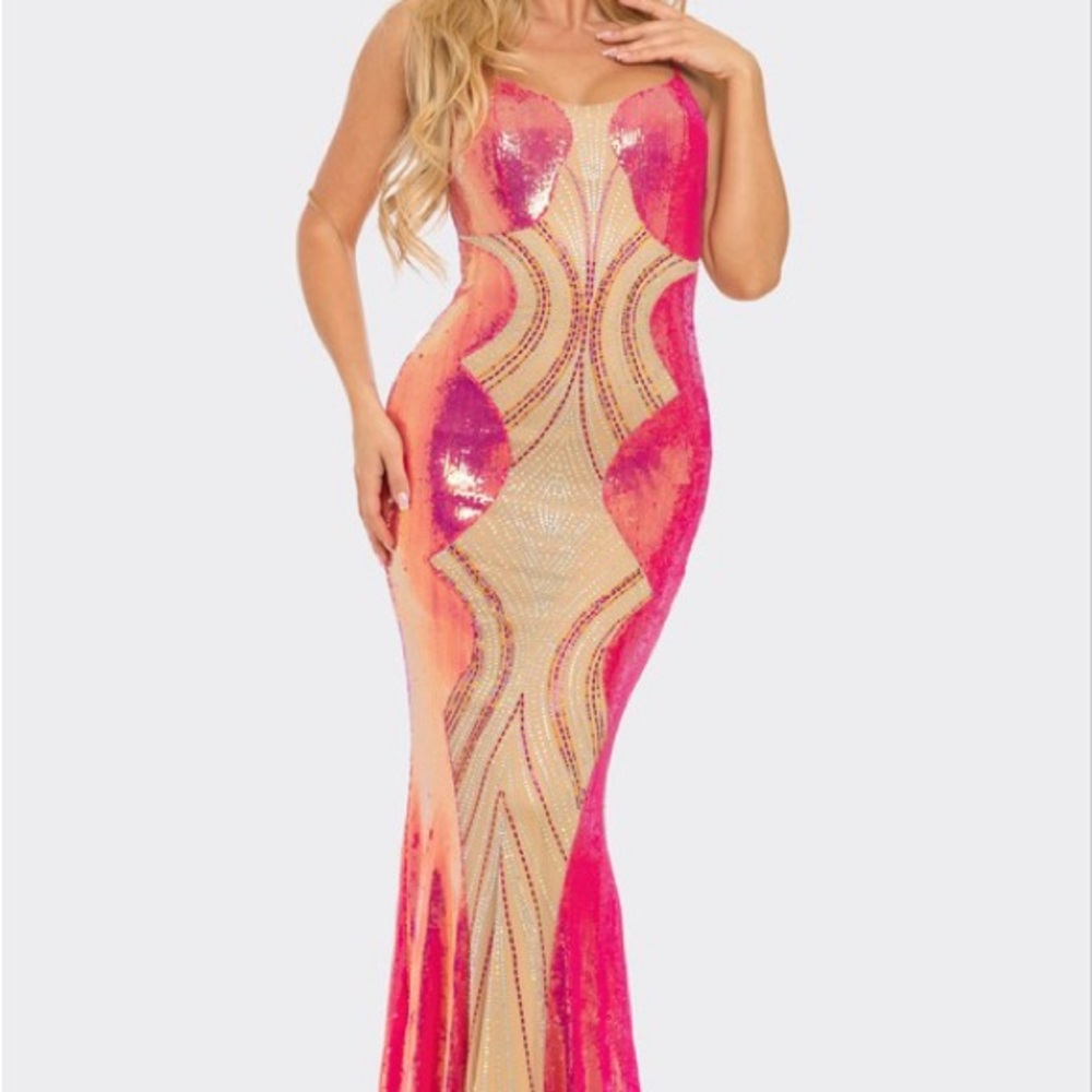 Pink and Gold Sequin Embellished Backless Gown
